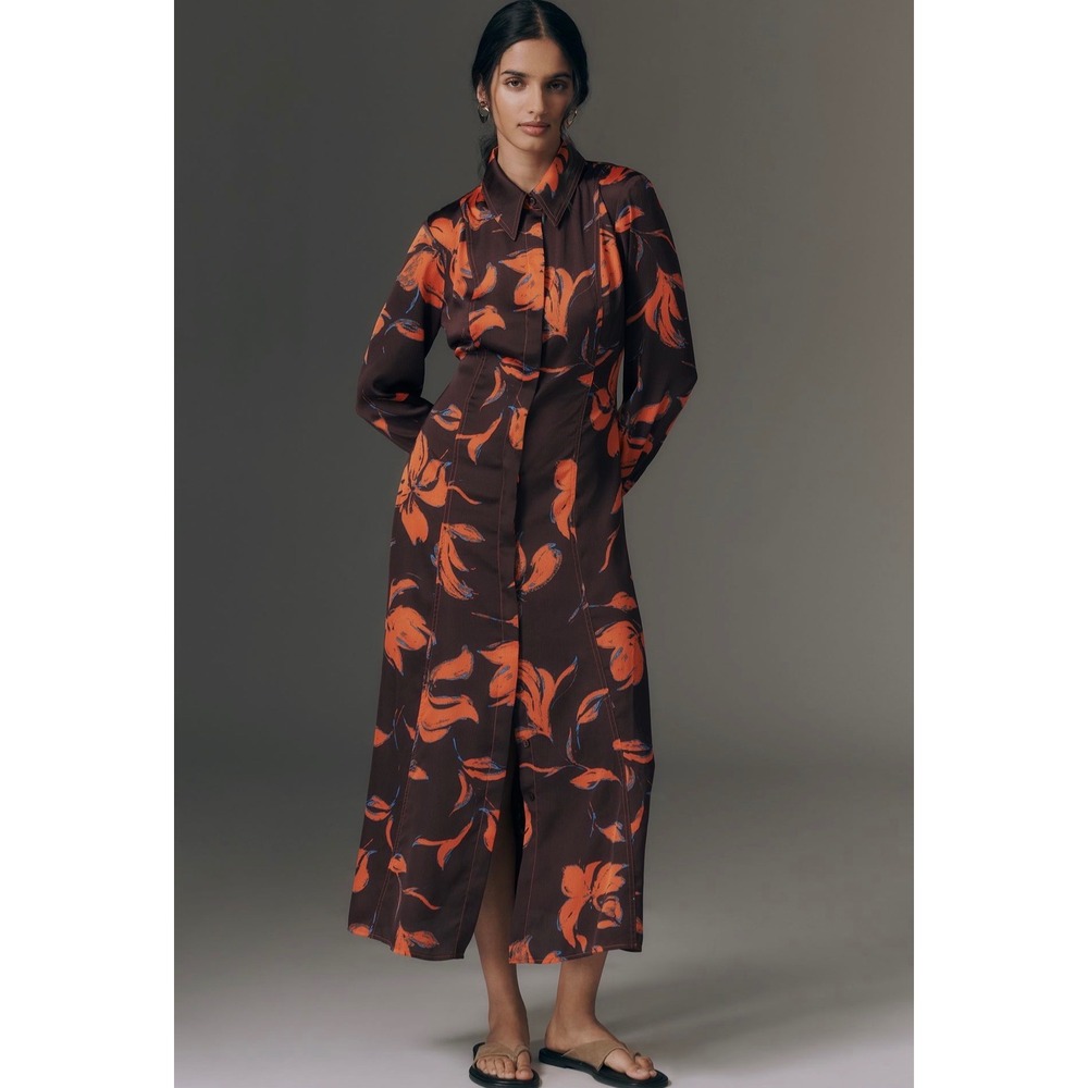 Exquise Anthropologie Long Sleeve Satin Shirt Dress Brown Orange Floral Maxi XS